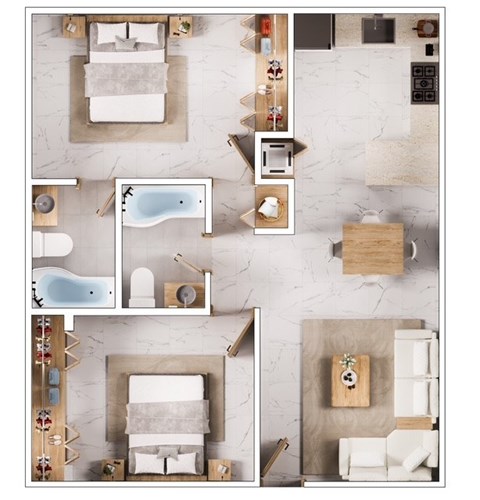 Floor plan for 2 beds, 2 baths, 959 sqft